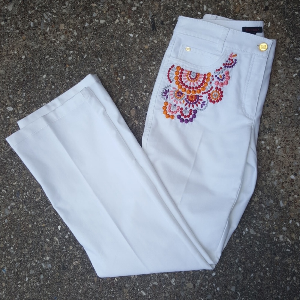 Escada White Denim Embroidered Pants 36 6